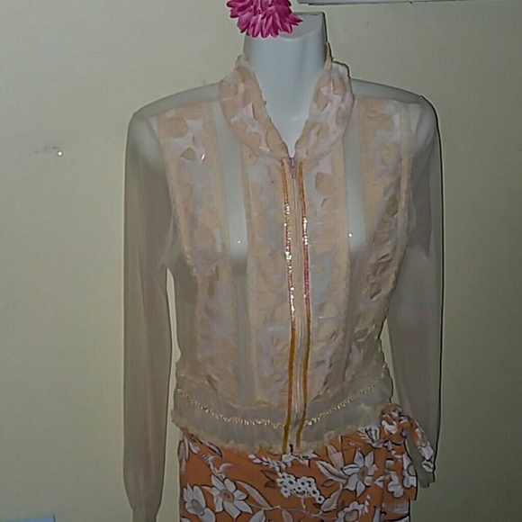 Casting Fashions Tops - Casting Sheer Lace Embellished ZipUp Blouse